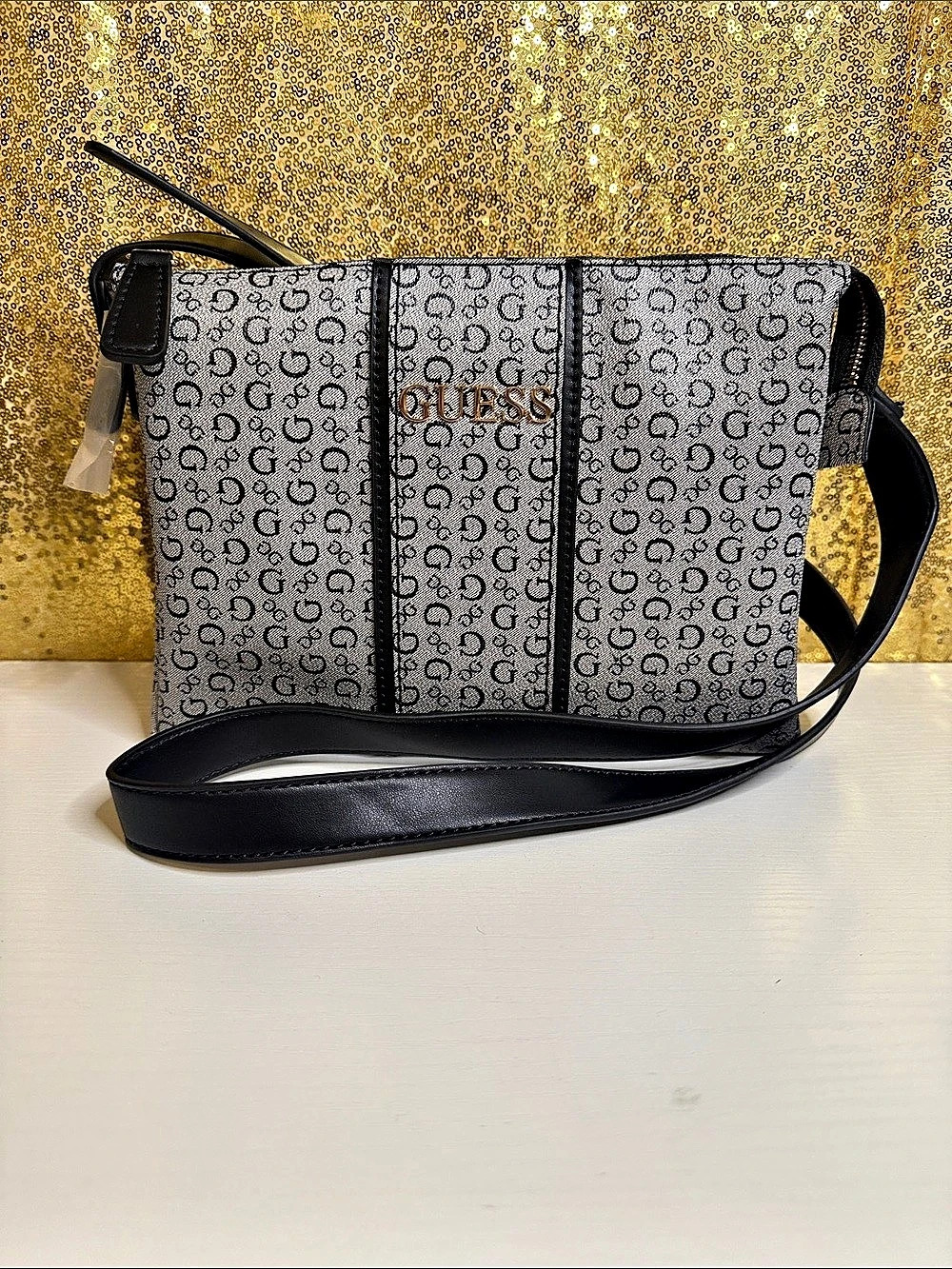 Guess Factory Filmore canvas Triple Compartment Crossbody Bag Gray & Black